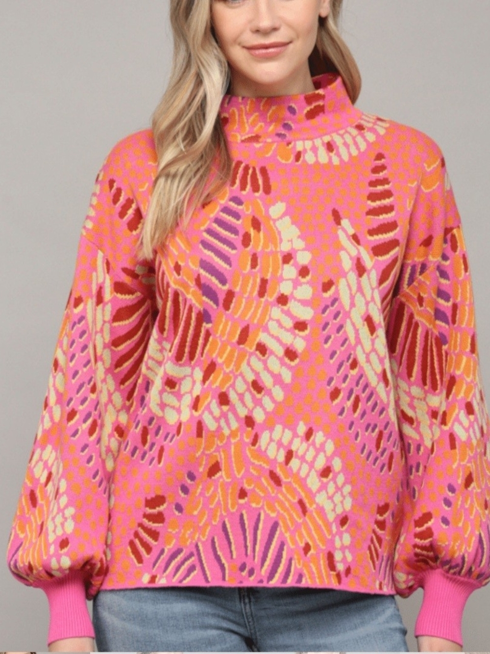 Fate Curve Women’s Pink Multi Abstract Pattern Mock Neck Sweater; Sz. 1X